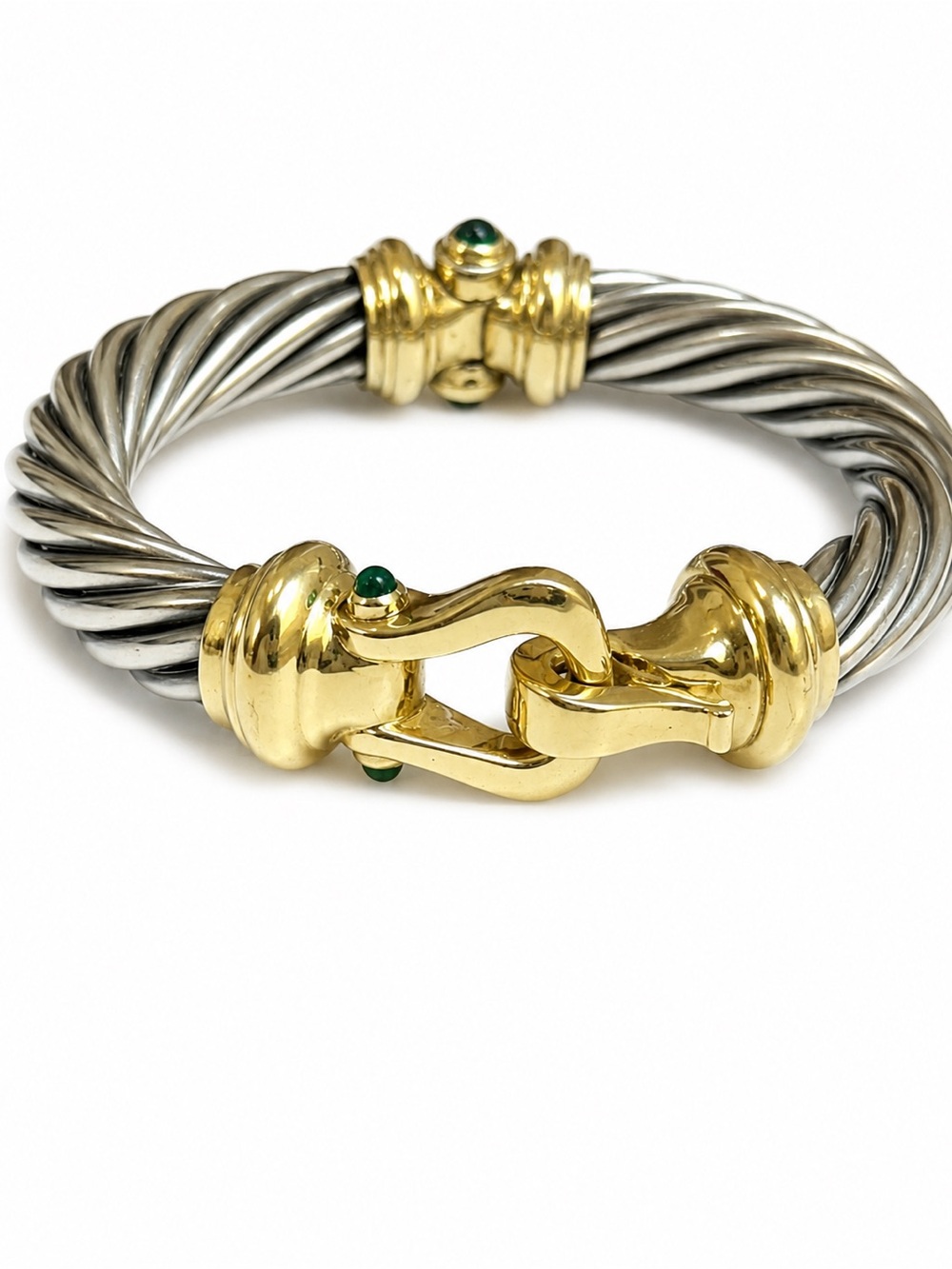 David Yurman Two-Tone Silver and Gold Twisted Cable Bracelet with Green Accent - Picture 5 of 10